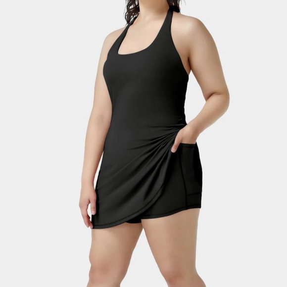 HALARA Dresses & Skirts - Halara Black Halter Tie 2 in 1 Dress, Shorts, Pockets, Bra